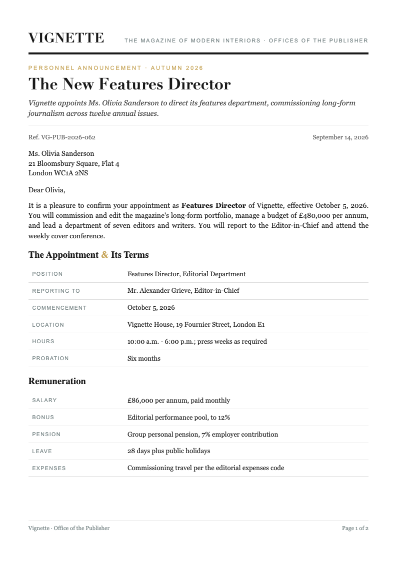 Editorial magazine appointment letter